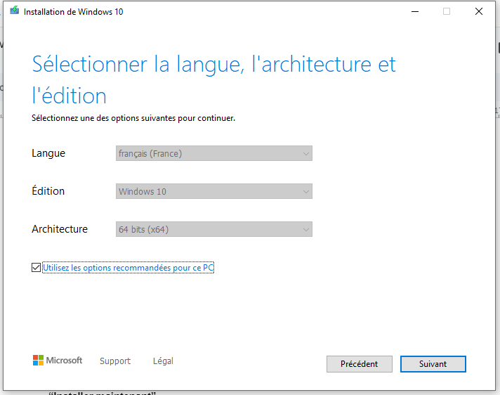 étapes installation windows 10