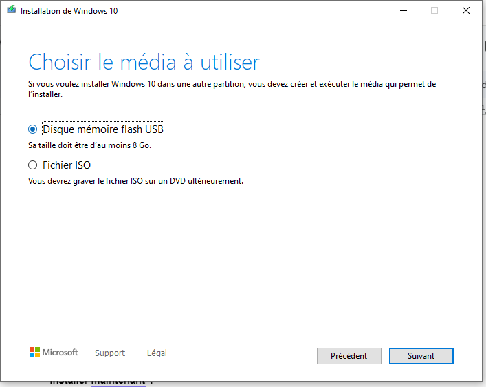 installation windows 10 choix support