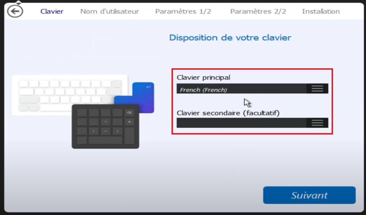 sélection options d'installation windows arium